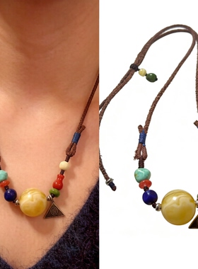 「盘它」原创设计天然蜜蜡圆珠多宝锁骨项链牛皮绳藏风简约大方