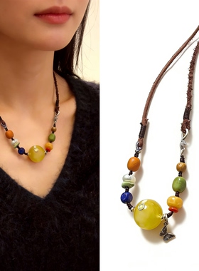 「盘它」特价原创天然蜜蜡圆珠多宝锁骨项链牛皮绳藏风简约大方