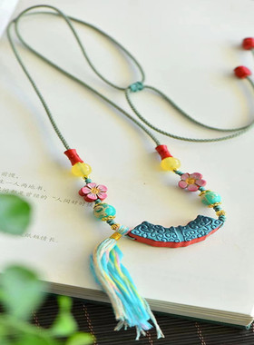 朱砂彩绘祥云如意手工编织项链