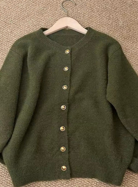 针织开衫温柔复古圆领春秋软糯针织衫上衣基础款绿色毛衣外套女装