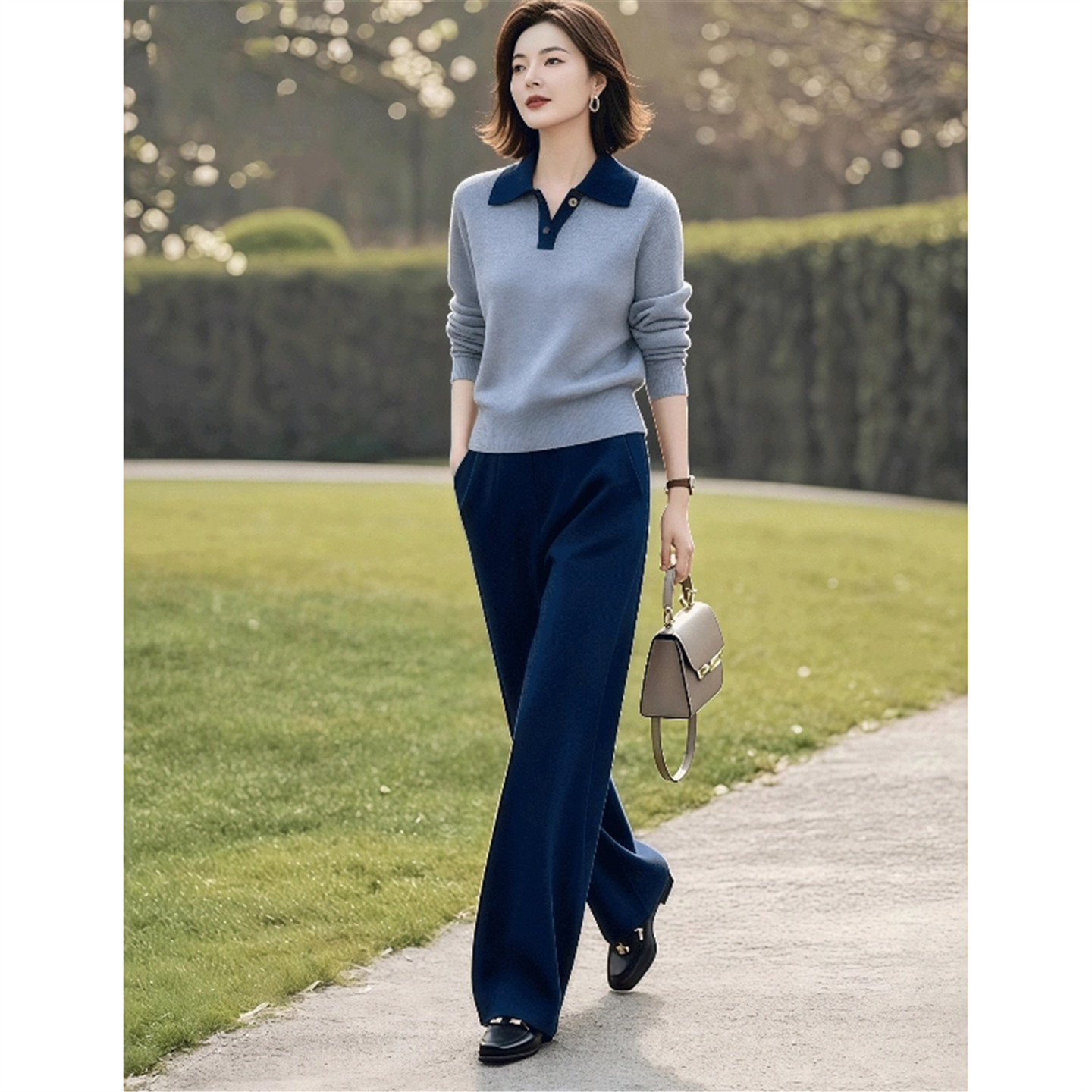 2025秋冬新款翻领拼色毛衣