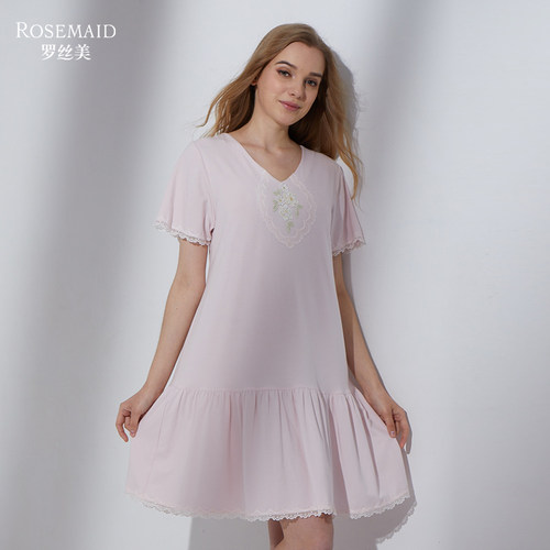 罗丝美针织短袖v领睡裙
