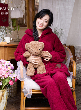 罗丝美秋冬新款羊羔绒睡衣女连帽全开襟长袖长裤家居服套装14265