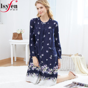 Isyfen/伊丝芬秋冬专柜新品睡裙藏青色双层布印花家居服39920