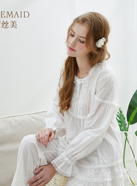 罗丝美女士睡衣 春夏新款纯棉宫延风长袖长裤家居服薄款套装11041