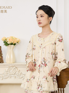 罗丝美秋冬新品睡衣纯棉双层纱印花圆领开襟女士家居服套装14242