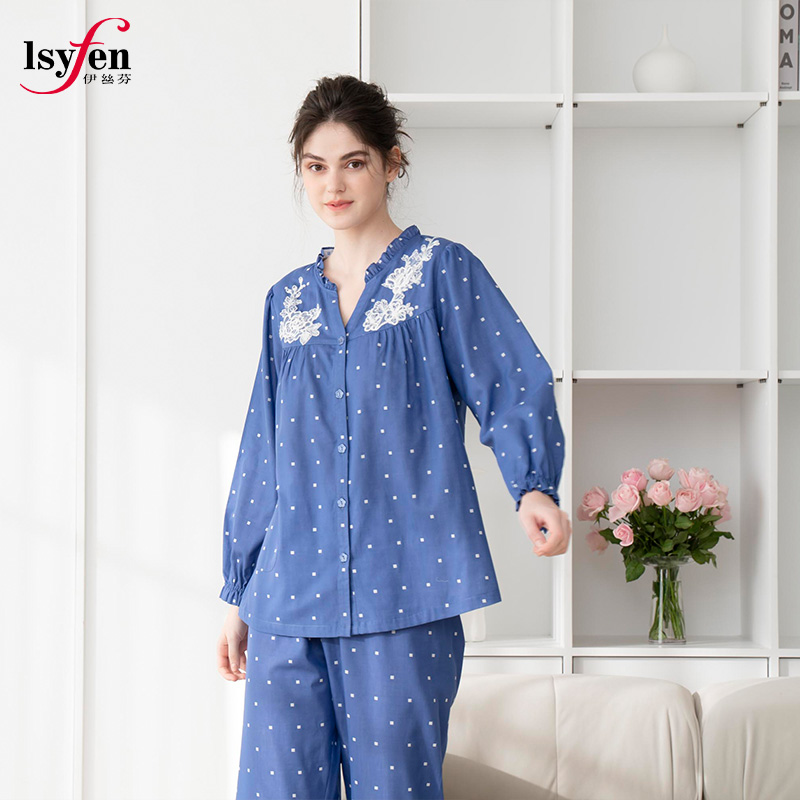 伊丝芬女纯棉双层纱V领镶蕾丝