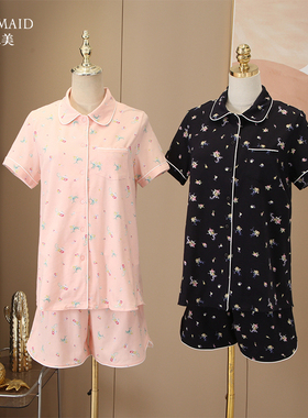 罗丝美春夏睡衣棉+氨纶针织印花异色镶边短袖短裤两件套19150