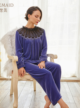 罗丝美秋冬新款真丝丝绒睡衣女圆领镶孔雀花型蕾丝奢华套装 11243