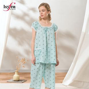 套39874 衣裤 伊丝芬春夏纯棉60支纯棉梭织布印花圆领套头短袖 中裤