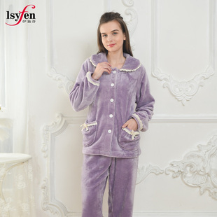 衣裤 伊丝芬秋冬新款 长裤 娃娃领全开襟长袖 套 32243法兰绒睡衣
