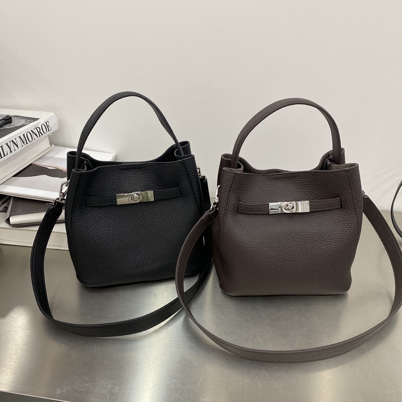 头层牛皮女包2025新款单肩斜跨包简约时尚经典凯莉水桶包5865-1-D