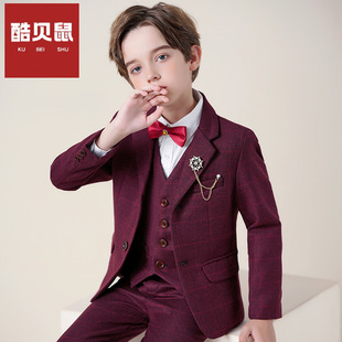 儿童西装礼服男童花童英伦风男孩帅气洋气酒红格子钢琴表演出讲服