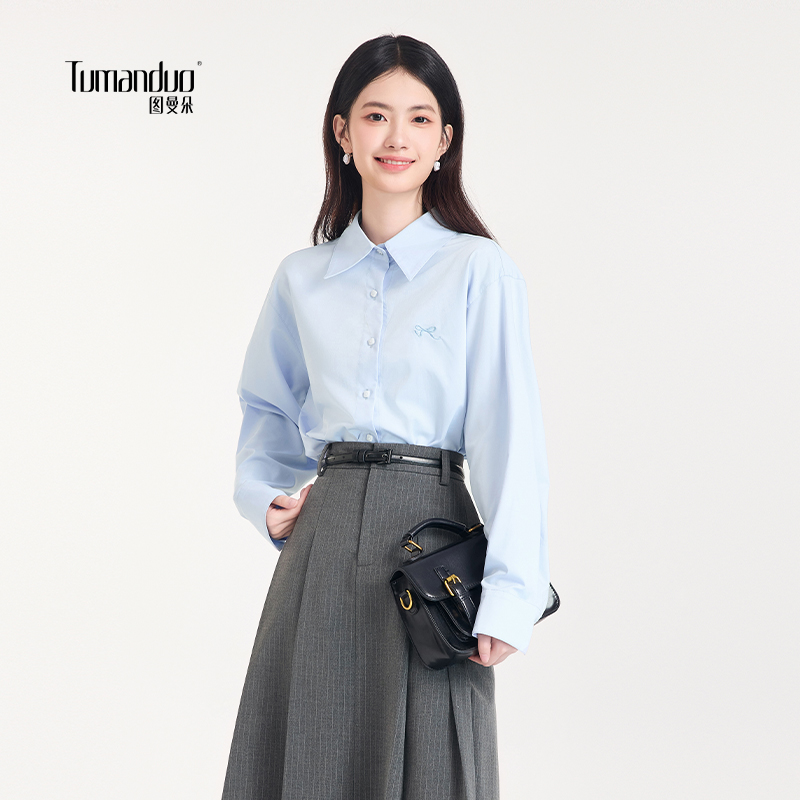 图曼朵温柔气质蝴蝶结刺绣衬衫女