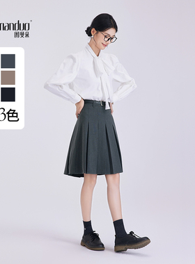 图曼朵灰色百褶半身裙女2026新款小个子高腰a字半裙西装通勤裙子