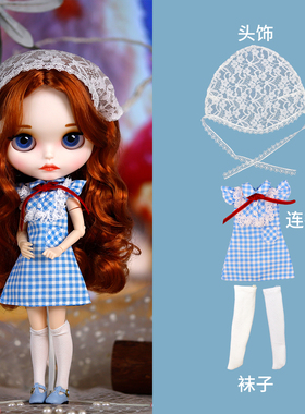 ICY DBS小布娃娃衣服田园可爱甜美蓝色格仔蕾丝头巾裙19关节娃衣