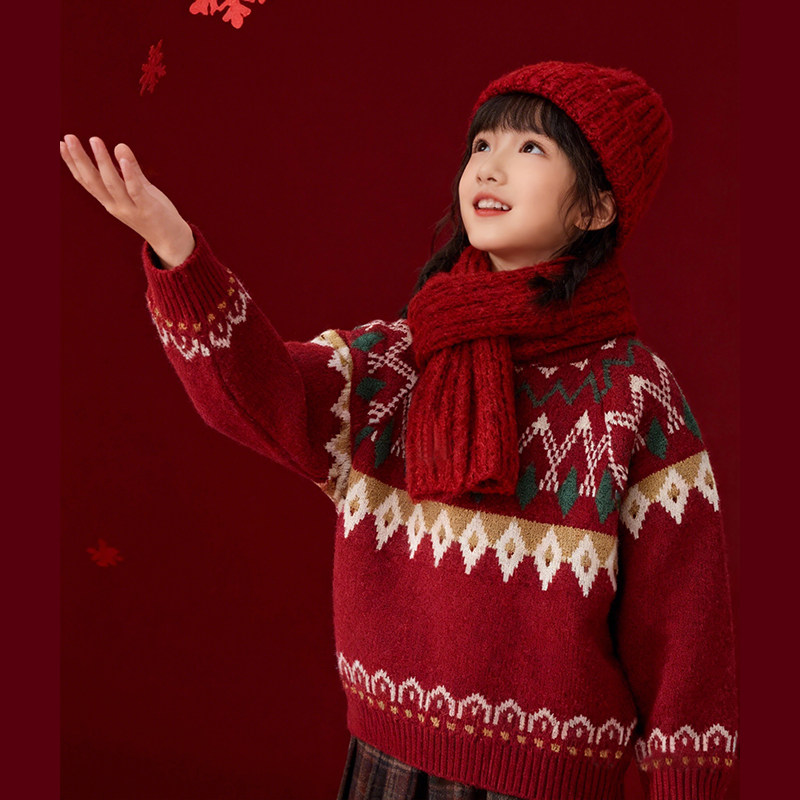 2026新款儿童毛衣女童冬装加厚毛衫红色新年棉线衣男童拜年服礼服