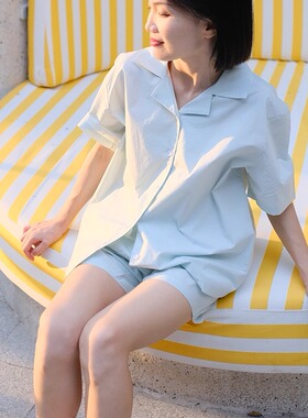 SashaZhao60支纯棉短袖短裤家居服可外穿睡衣纯色薄荷绿情侣夏