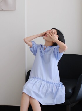 SashaZhao纯棉长绒棉80支娃娃领荷叶边睡裙可外穿连衣裙鸢尾花紫