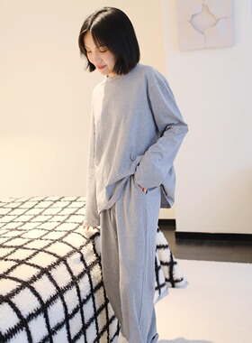 SashaZhao圆领纯棉长袖睡衣套头休闲男女同款家居服套装灰宽松