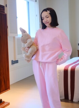 【微瑕清仓特价】圆领套头毛圈加绒芭比粉色卫衣卫裤男女同款秋冬