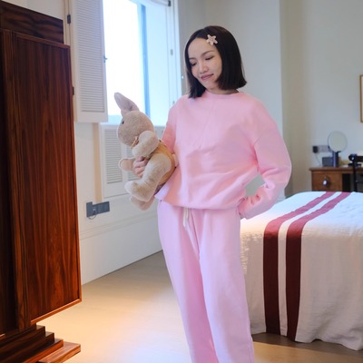 【清仓特价】圆领套头毛圈加绒芭比粉色纯棉卫衣卫裤男女同款秋冬