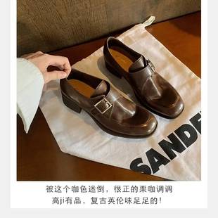 葡萄妈studio 马皮真皮方圆头扣带质感单鞋粗跟牛津小皮鞋女