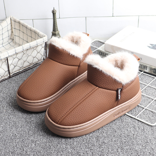 冬季加厚外穿皮面防水棉鞋女生PU简约厚底高帮全包跟棉拖鞋外穿男