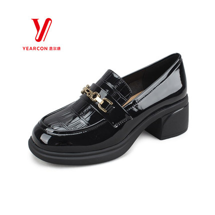 意尔康SSSS秋季新款女鞋时尚鳄鱼纹亮皮粗跟中口单鞋S562AB04867U