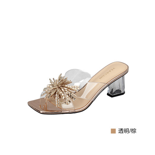 意尔康水钻花朵透明粗跟一字拖