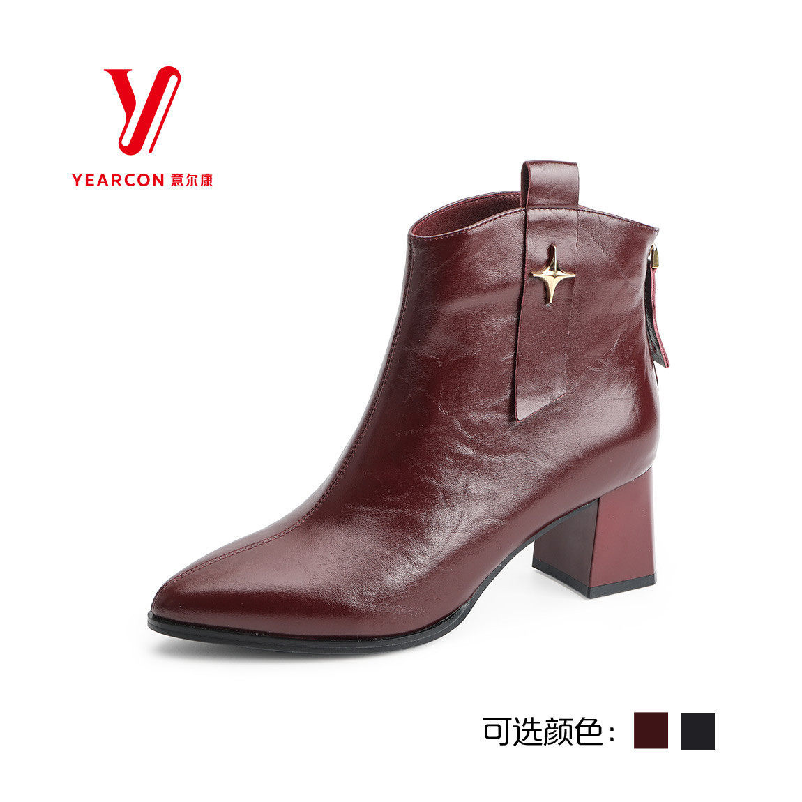 意尔康时尚真皮粗高跟时装靴短靴