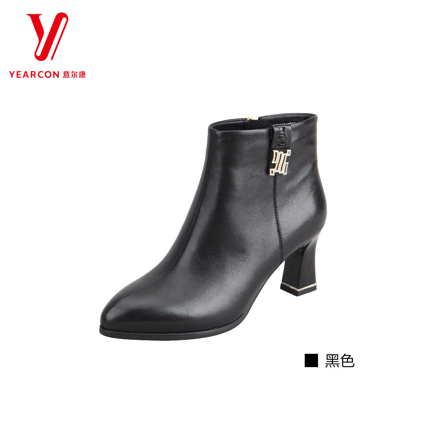 意尔康冬季真皮尖头粗跟女短靴