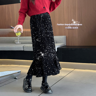 女童裙子冬季2025新款儿童年服鱼尾半身裙女大童过年公主亮片长裙