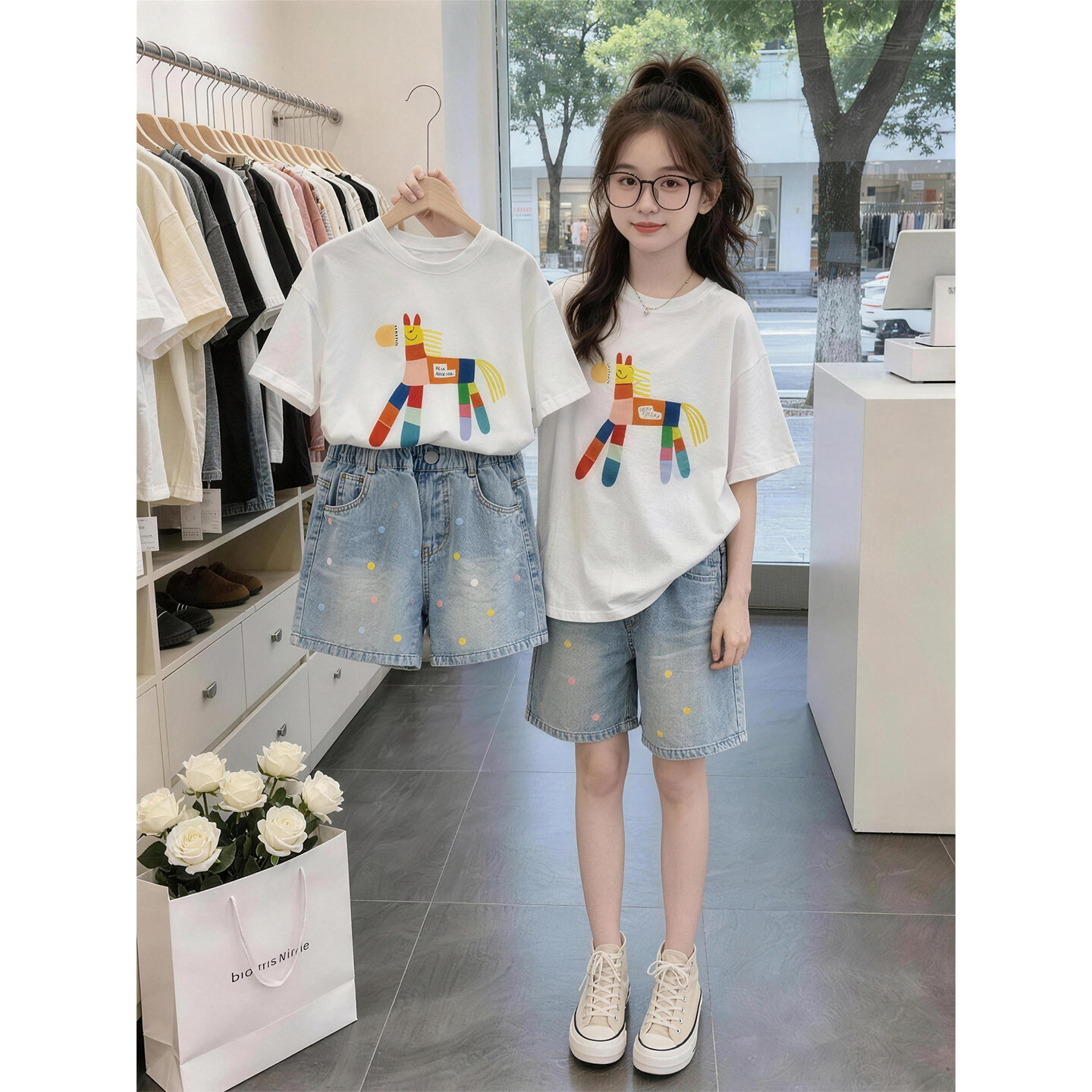 女童夏季软牛仔短裤套装卡通彩色小马印花T恤夏季宽松百搭短袖潮