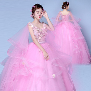 26新款 彩妆艺考礼服演出服粉色双肩大摆蓬蓬裙演出服婚纱礼服独唱