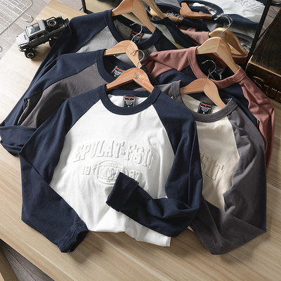 美式休闲NY橄榄球立体浮雕撞色插肩袖全棉水洗磨毛长袖圆领T恤男