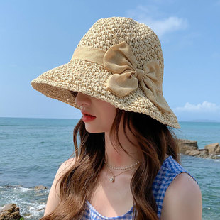 草帽女蝴蝶結編織海邊漁夫帽韓版 遮陽防曬帽子 潮遮臉太陽帽網紅款