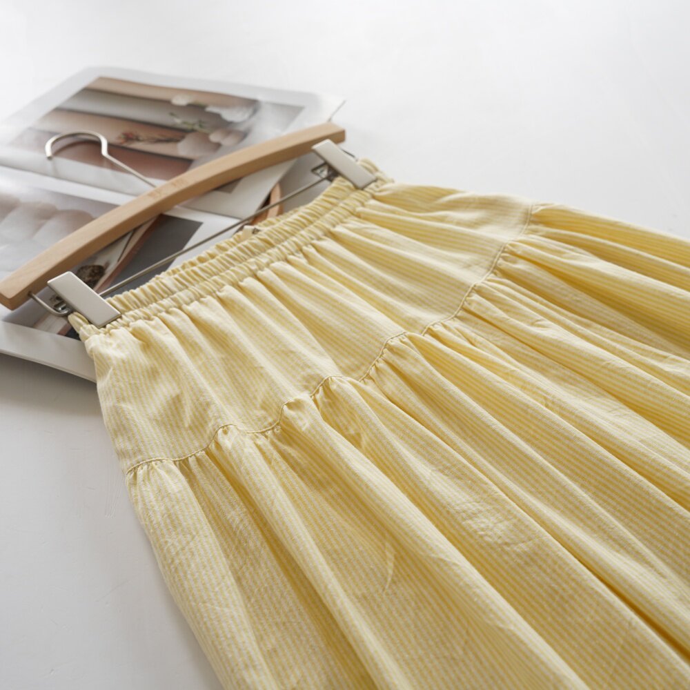 默棉 色织棉布拼接黄色条纹半身裙女夏季中长裙小众设计大摆