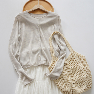 法式 小众设计长袖 14针暗纹麻混纺针织开衫 防晒衫 圆领 女夏季 默棉