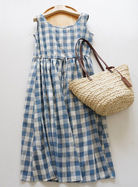 默棉 法式文艺大蓝格子竹节棉复古连衣裙无袖背心裙夏日女多巴胺