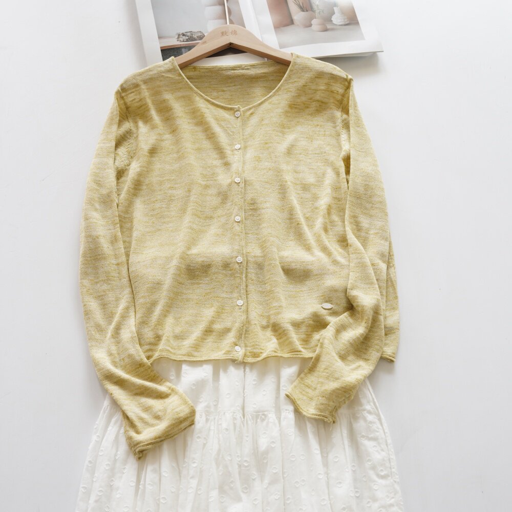 默棉 法式14针暗纹麻混纺针织开衫女夏季防晒衫小众设计长袖上衣