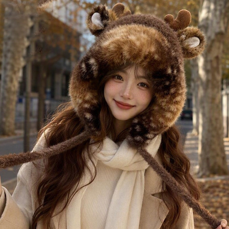 秋冬天帽子大头围女加绒加厚包头帽护耳小鹿毛绒帽可爱甜美护耳帽