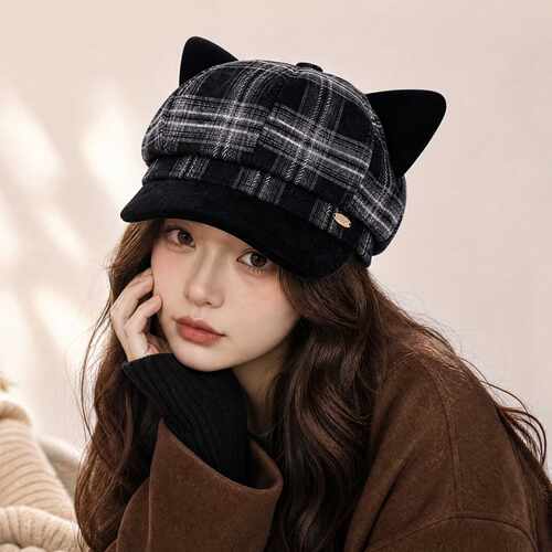 日系甜美复古猫耳贝雷帽女秋冬