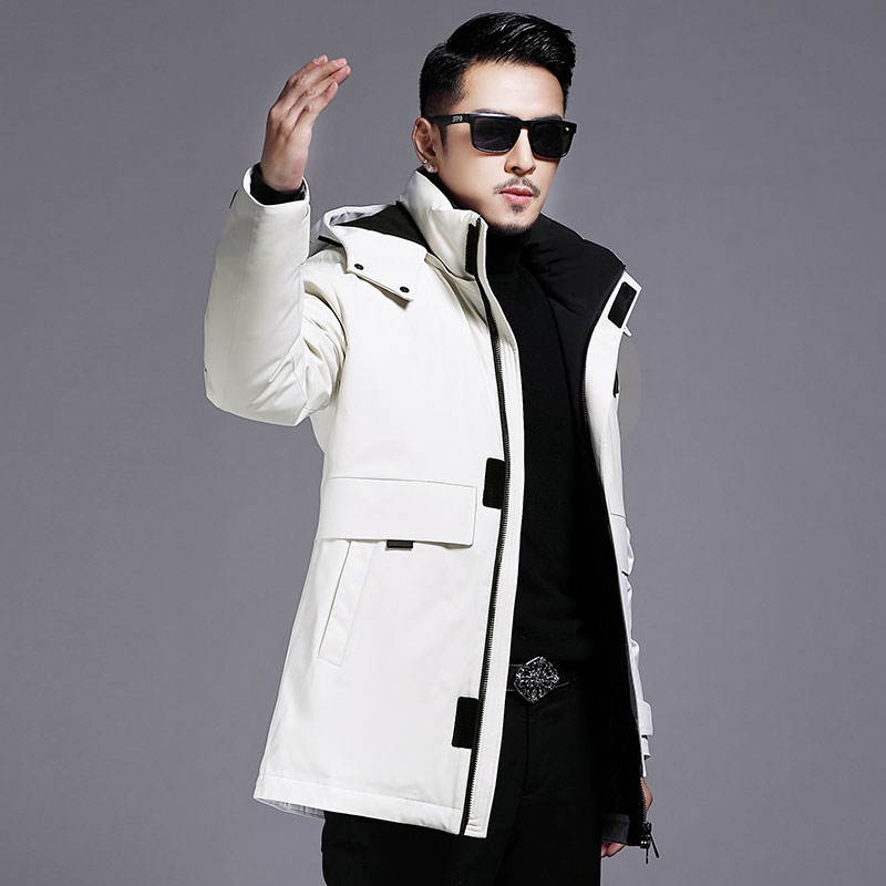 B8627钱塘2020-3冬季连帽男士羽绒服90白鸭绒中长款多口袋P315图片