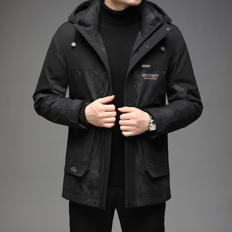 B8668钱塘2020-3冬季连帽男士羽绒服90白鸭绒中长款多口袋P310图片