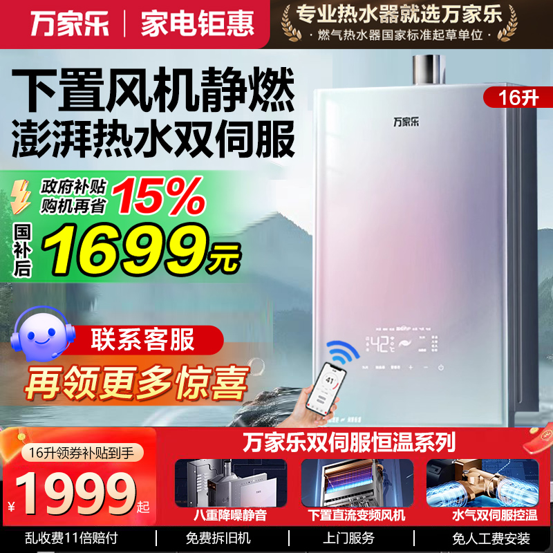 政府补贴万家乐RG1彩虹燃气热水器16升家用天然气热水器下置风机