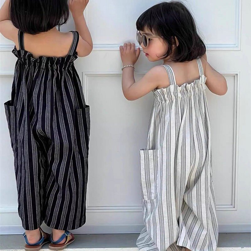女童裤子竖条纹双口袋连体裤连身衣2026夏装新款外贸童装