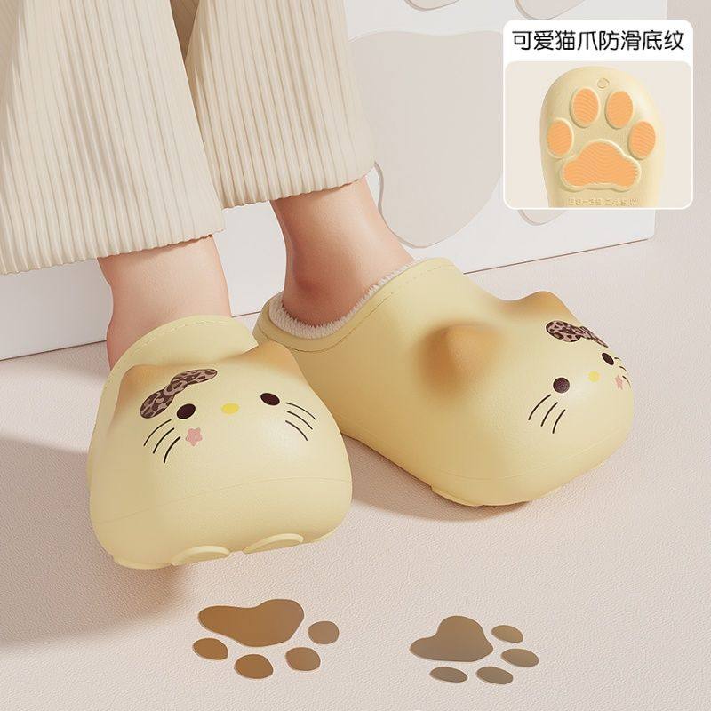 防水防滑可爱猫咪棉拖鞋女冬季亲子儿童卡通外穿厚底保暖棉拖鞋男