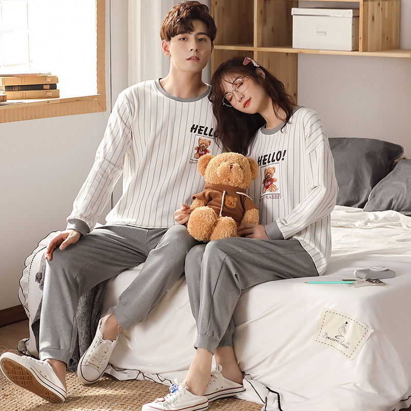 春秋季情侣睡衣秋纯棉长袖薄可爱卡通熊少女可外穿男士家居服套装
