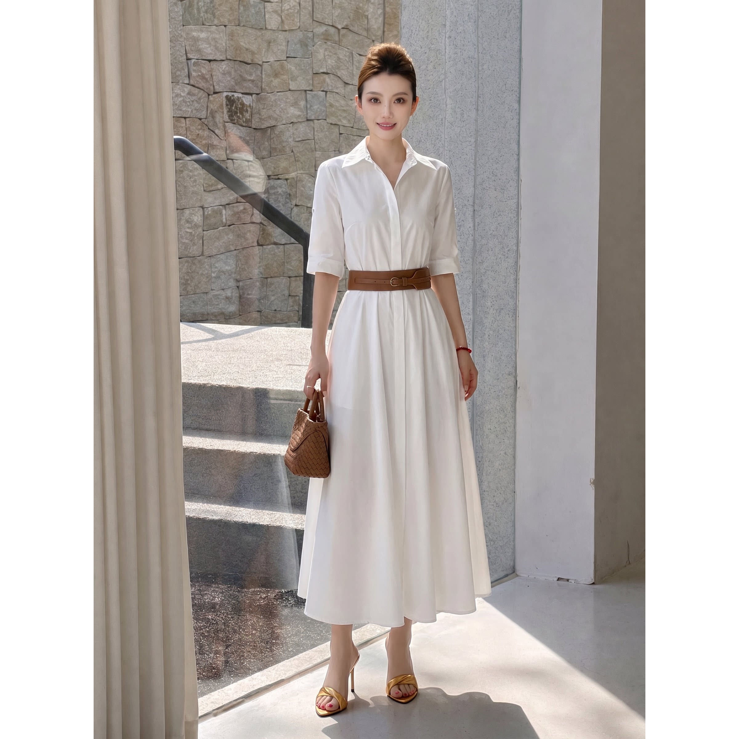 【巴黎八点】2026夏季新款翻领收腰大摆通勤风中袖连衣裙710369